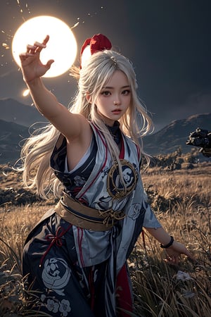 (( attractive pose , traditional kunoichi kimono ,picturing her elegance and coldness)), (masterpiece), a super beautiful Japanese 15 years old kunoichi with medium wavy white hair, sleeveless beautifully decorated shinobi costume , sexy and attractive, surrealism, chiaroscuro, colorful movie lights , in a fantastic grass field at dusk, Lens Flare, From Outside, Ultra HD,cyberpunk , Textured Skin, High Detail, High Resolution