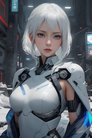 Best picture quality, high resolution, 8k, realistic, sharp focus, realistic image of a Japanese sexy supermodel with an extraordinary sexual attraction , pure white hair, blue eyes, wearing revealing high-tech cyberpunk style kimono , radiant Glow, ice theme, custom design,swordup, looking at viewer