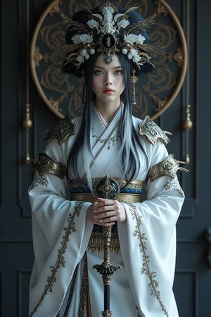 Mysterious Japan Elf queen ,full body shot, indoors, her long hair mixed by black and white cascading down her back, framing her enigmatic smile and piercing blue eyes that lock onto the viewer's gaze. She stands confidently in front of a dark, ornate backdrop, adorned in a flowing white kimono with armor-like details,she holds a staff, its intricate design glistening like the watermark on her circlet, adding mystique to this enchanting scene. Fantasy detailers , Midjourney_Whisper,Japan Costume