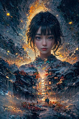 (1 beautiful Japanese girl standing in the middle:1.0), (autumn, snowing), (water color style, double exposure, grey scale, long exposure) dim light, muted color,Impressionism, Dutch angle, (ultra detailed background of a ancient Japanese buildings on Pluto), harmonious composition, epic art work, extremely long shot, view, landscape, double exposure ,