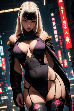 (legs opened, white long hair) masterpiece, best quality, high resolution,  female_solo , (1 sexy revealing kunoichi with perfect slender body proportion), (highly detailed beautifully colored warrior onepiece costume) , (detailed kimono obi with tassels and patterns) , (black stockings) , (pink and purple lightings in the dark night) , (full length body+Dutch angle shot), (sexy pose),  (highly detailed background of ancient Japanese achitechture + cyberpunk buildings) ,Cyberpunk,A Traditional Japanese Art,Sexy Pose,perfect fingers, cyberpunk style