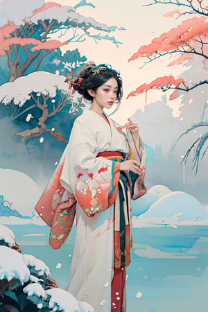 (1 beautiful Japanese girl Satomi standing in the middle:1.0), (autumn, snowing), (water color style, double exposure, grey scale, long exposure) dim light, muted color,Impressionism, Dutch angle, (ultra detailed background of a ancient Japanese buildings on Pluto), harmonious composition, epic art work, extremely long shot, view, landscape, double exposure ,Satomi,fushihui