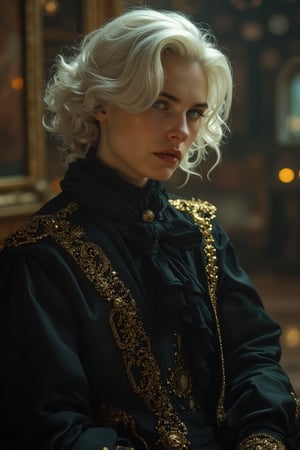 Elegantism, opulent scene, full portrait of a Victorian young teeanger, heroic, black clothes, gold trim, castle, head and shoulders portrait, 8k resolution. (masterpiece, top quality, best quality, official art, beautiful and aesthetic:1.2), (1girl:1.2), full body, pure white hair, portrait, extreme detailed, ,Leonardo Style,DonMF41ryW1ng5XL,1 girl, cyberpunk style, Midjourneyart 