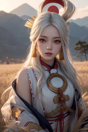 ((attractive pose , traditional kimono,picturing her elegance and coldness)), (masterpiece), a super beautiful 15 years old Japanese girl with medium wavy white hair, sleeveless beautifully decorated onmyoji costume,golden hair ornaments , sexy and attractive, surrealism, chiaroscuro, colorful movie lights , in a fantastic grass field at dusk, Lens Flare, From Outside, Ultra HD, cyberpunk  , Textured Skin, High Detail, High Resolution, miketsu