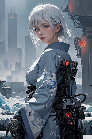 Best picture quality, high resolution, 8k, realistic, sharp focus, realistic image of a Japanese beauty, supermodel, pure white hair, blue eyes, wearing high-tech cyberpunk style blue kimono , radiant Glow, ice theme, custom design,swordup, looking at viewer