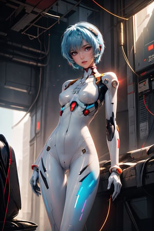 ((random sexy pose with open legs)), full body, (masterpiece),(Asuka) , perfect anatomy, (white bodysuit) (ultra detailed background of cyberpunk interior)), ((glowing shining crosses behind)) ,(light blue hair),Sexy Pose, color magic,girl,perfect,cyberpunk,Enhance, ayanami_rei,  interface headset