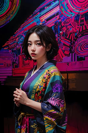 (80’s American movie poster style) , (masterpiece),(Satomi) , perfect anatomy, (modern fashion kimono), dim light, muted color, ((ultra detailed background of modern psychedelic decoration in a dim lighting room)) , blue front spot light , purple side light, (short hair),Sexy,girl,perfect,Enhance,A traditional Japanese art, Satomi