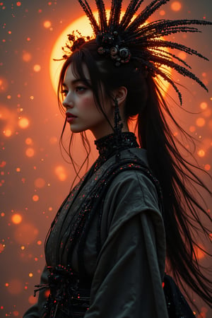 An atmospheric and powerful dark fantasy, (1 fatal Japanese goddess of death, full body shot), descending from the burning sky ,(looking at the viewers), she has black long hair with dark ornaments. Her outfit combines traditional Japanese kimono with futuristic mechanical decorations, embodying both divinity and sensuality,dark magic, Luna, nightmare 