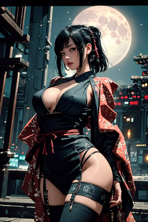 masterpiece, best quality, high resolution,  female_solo , (1 sexy revealing dressed kunoichi with perfect slender body proportion), (highly detailed traditional beautifully colored warrior onepiece costume textured) , (detailed kimono obi with tassels and patterns) , (black stockings) , (1 big moon in the dark night) , (full length body+Dutch angle shot), (sexy pose),  (highly detailed background of ancient Japanese achitechture + cyberpunk buildings with neon lights) ,Cyberpunk,A Traditional Japanese Art,Sexy Pose,perfect,hand, cyberpunk style