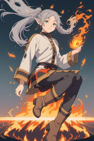 masterpiece , full body, (slightly smiling with closed mouth), ( frieren, green eyes, grey hair, parted bangs, long hair, twintails, pointy ears, dangle earrings, black leggings, brown boots ),((anti-gravity in the air, fire elemental magic)), frieren, levitation , elemental magic 