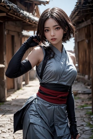 (( attractive pose , traditional kunoichi kimono ,picturing her elegance and coldness)), (masterpiece), a super beautiful Japanese 18-year-old kunoichi with medium wavy white hair, sleeveless shinobi costume , sexy and attractive, surrealism, chiaroscuro, colorful movie lights , Lens Flare, From Outside, Ultra HD,cyberpunk , Textured Skin, High Detail, High Resolution,kabukimono
