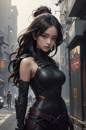 (masterpiece)In autumn, a super beautiful Japanese 18-year-old kunoichi with medium wavy hair, brown, ninja open clothes, sleeveless , sexy and attractive, black armors, surrealism, chiaroscuro, movie lights , Lens Flare, From Outside, Ultra HD,cyberpunk , Textured Skin, High Detail, High Resolution, cbpkv5