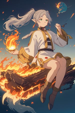 masterpiece , full body, (slightly smiling with closed mouth), ( frieren, green eyes, grey hair, parted bangs, long hair, twintails, pointy ears, dangle earrings),((anti-gravity in the air, fire elemental magic)), frieren, levitation , elemental magic 