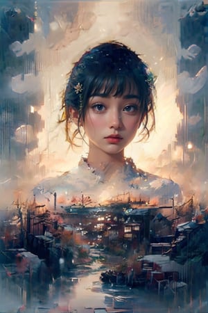 (1 beautiful Japanese girl Satomi standing in the middle:1.0), (autumn, snowing), (water color style, double exposure, grey scale, long exposure) dim light, muted color,Impressionism, Dutch angle, (ultra detailed background of a ancient Japanese buildings on Pluto), harmonious composition, epic art work, extremely long shot, view, landscape, double exposure ,Satomi