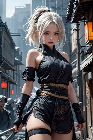 (( attractive pose , traditional kunoichi kimono ,picturing her elegance and coldness)), (masterpiece), a super beautiful Japanese 15 years old kunoichi with medium wavy white hair, sleeveless beautifully decorated shinobi costume , sexy and attractive, surrealism, chiaroscuro, colorful movie lights , in a fallen cyberpunk city, Lens Flare, From Outside, Ultra HD,cyberpunk , Textured Skin, High Detail, High Resolution