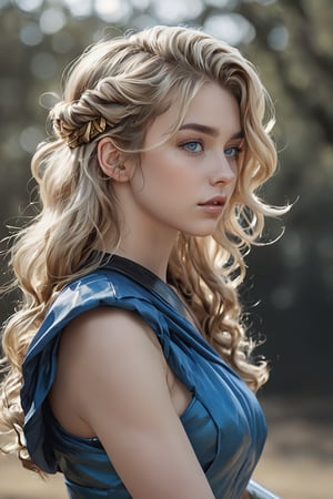 ((Generate hyper realistic image of  captivating scene featuring a stunning 20 years old girl,)) with medium long blonde hair, flowing curls, semi side view, standing with arms raised over her head, donning a warrior costume with sleeves rolled up,piercing, blue eyes, photography style, Extremely Realistic,