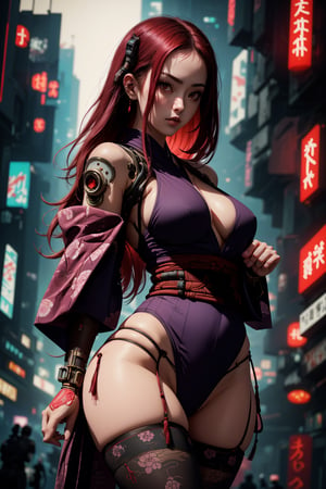 (legs opened, red long hair) masterpiece, best quality, high resolution,  female_solo , (1 sexy revealing kunoichi with perfect slender body proportion), (highly detailed beautifully colored warrior onepiece costume) , (detailed kimono obi with tassels and patterns) , (black stockings) , (pink and purple lightings in the dark night) , (full length body+Dutch angle shot), (sexy pose),  (highly detailed background of ancient Japanese achitechture + cyberpunk buildings) ,Cyberpunk,A Traditional Japanese Art,Sexy Pose,perfect fingers, cyberpunk style