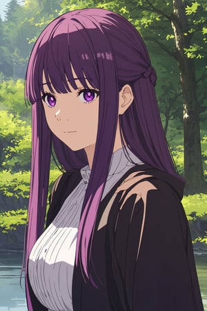 masterpiece , (dynamic pose), (slightly smiling with closed mouth), (Fern, long hair, bangs, purple eyes, purple hair, sidelocks, blunt bangs, black coat), frost and ice,in a forest,by a lake , dreamy and fantasy ,Fern