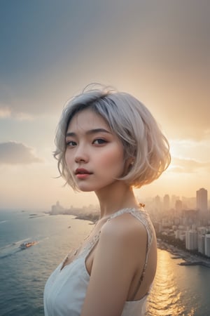 (double exposure art of a white bob cut hair Taiwanese cute Goddess of Sea and the city scape :1.5) , masterpiece, best quality, ((no gravity, above the ocean)) , (high contrast, soothing tones) (nude, slender,beautiful small round face), (full-body), (crossed arms on her chest) (front facing the camera) , (bay city) , colorul dusk with clouds, surreal , Epic, color chaos , harmonious composition