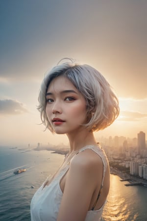 (double exposure art of a white bob cut hair Taiwanese cute Goddess of Sea and the city scape :1.5) , masterpiece, best quality, ((no gravity, above the ocean)) , (high contrast, soothing tones) (nude, slender,beautiful small round face), (full-body), (crossed arms on her chest) (front facing the camera) , (bay city) , colorul dusk with clouds, surreal , Epic, color chaos , harmonious composition