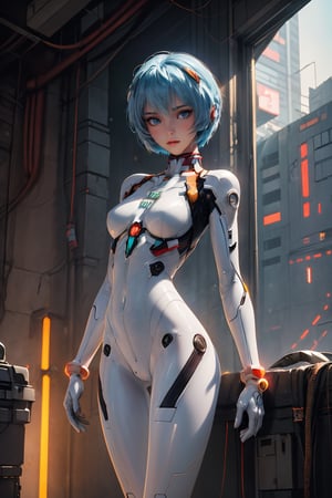 ((random sexy pose with open legs)), full body, (masterpiece),(Asuka) , perfect anatomy, (white bodysuit) (ultra detailed background of cyberpunk interior)), ((glowing shining crosses behind)) ,(light blue hair),Sexy Pose, color magic,girl,perfect,cyberpunk,Enhance, ayanami_rei,  interface headset