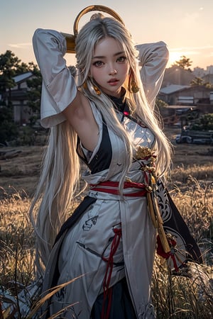 (( attractive pose , traditional kunoichi kimono ,picturing her elegance and coldness)), (masterpiece), a super beautiful Japanese 15 years old kunoichi with medium wavy white hair, sleeveless beautifully decorated shinobi costume , sexy and attractive, surrealism, chiaroscuro, colorful movie lights , in a fantastic grass field at dusk, Lens Flare, From Outside, Ultra HD, cyberpunk  , Textured Skin, High Detail, High Resolution, miketsu