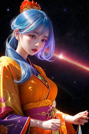 masterpiece, Extreme Detailed,beautiful Prism light,stardust,rainbow-colored light,
Glass made ultra Detailed transparent oiran Girl,ultra transparent,wearing luxury high-tech kimono,walk,outer space in the background , color magics, dancing oiran 