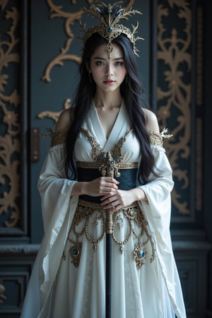 Mysterious Japan Elf queen ,full body shot, indoors, her long hair mixed by black and white cascading down her back, framing her enigmatic smile and piercing blue eyes that lock onto the viewer's gaze. She stands confidently in front of a dark, ornate backdrop, adorned in a flowing white kimono with armor-like details,she holds a staff, its intricate design glistening like the watermark on her circlet, adding mystique to this enchanting scene. Fantasy detailers , Midjourney_Whisper,