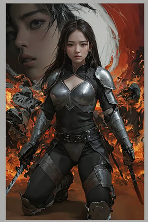 physically-based rendering, portrait, ultra-fine painting, extreme detail description, Akira Kurosawa's movie-style poster features a full-body shot of a 28-year-old girl, embodying the Shinobi of Japan's Warring States Period, An enigmatic female kunoichi, clad in sexy ninja suit , This striking depiction, seemingly bursting with unspoken power, illustrates a fierce and formidable female warrior in the midst of battle. The image, likely a detailed painting, showcases the intensity of the female ninja's gaze and the intricate craftsmanship of his armor. Each intricately depicted detail mesmerizes the viewer, immersing them in the extraordinary skill and artistry captured in this remarkable 