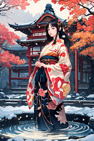 (1 beautiful Japanese girl Hashimoto Kanna standing in the middle:1.0), (autumn, snowing), (water color style, double exposure, long exposure) dim light, muted color,Impressionism, (ultra detailed background of a ancient Japanese buildings), harmonious composition, epic art work, double exposure ,fushihui, HashimotoKanna