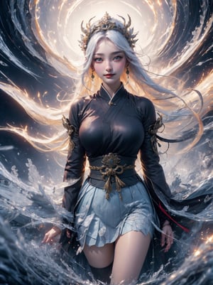 masterpiece, best quality, ultra realistic illustration, 16K, (HDR), high resolution, female_solo, (white long hair:1.3) , slender hot body proportion with small breasts , smiling at viewer, 1 Japanese ancient goddess with blue eyes , (holding an ancient oil-paper umbrella:1.0) , (magical atmosphere:0.9), (wearing a loose cropped decorated kimono haori+pleated black mini skirt+stockings skirt:1.0), full-body shot, (floating upon the ground) , (highly detailed background of ancient Japan buildings:1.15) , (snow+frost:1.0 ), winds, raindrops, snows, soft lights, dark night,  add More Detail, Color magic,perfect fingers, Goddess , a traditional Japanese art, girl, snow crystal 