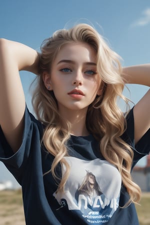 ((Generate hyper realistic image of  captivating scene featuring a stunning 20 years old girl,)) with medium long blonde hair, flowing curls, semi side view, standing with arms raised over his head, donning a jeans shorts and a trendy slogan black tee with sleeves rolled up, piercing, blue eyes, photography style, Extremely Realistic,