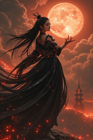 An atmospheric and powerful dark fantasy, (1 fatal Japanese goddess of death, full body shot), descending from the burning sky ,(looking at the viewers:1.2), she has black long hair with dark ornaments. Her outfit combines traditional Japanese kimono with futuristic mechanical decorations, embodying both divinity and sensuality,dark magic, Luna, nightmare 