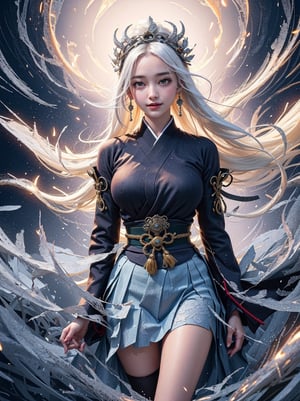 masterpiece, best quality, ultra realistic illustration, 16K, (HDR), high resolution, female_solo, (white long hair:1.3) , slender hot body proportion with small breasts , smiling at viewer, 1 Japanese ancient goddess with blue eyes , (holding an ancient oil-paper umbrella:1.0) , (magical atmosphere:0.9), (wearing a loose cropped decorated kimono haori+pleated black mini skirt+stockings skirt:1.0), full-body shot, (floating upon the ground) , (highly detailed background of ancient Japan buildings:1.15) , (snow+frost:1.0 ), winds, raindrops, snows, soft lights, dark night,  add More Detail, Color magic,perfect fingers, Goddess , a traditional Japanese art, girl, snow crystal 