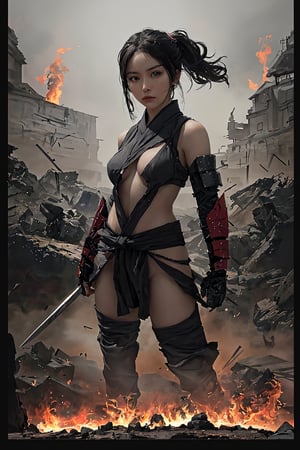 physically-based rendering, portrait, ultra-fine painting, extreme detail description, Akira Kurosawa's movie-style poster features a full-body shot of a 28-year-old girl, embodying the Shinobi of Japan's Warring States Period, An enigmatic female kunoichi, clad in revealing ninja costume , This striking depiction, seemingly bursting with unspoken power, illustrates a fierce and formidable female warrior in the midst of battle. The image, likely a detailed painting, showcases the intensity of the female ninja's gaze and the intricate craftsmanship of his armor. Each intricately depicted detail mesmerizes the viewer, immersing them in the extraordinary skill and artistry captured in this remarkable 