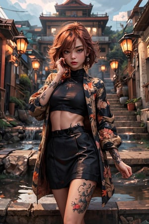 masterpiece, best quality, (90's Japanese pop art), 16K, (HDR) , (muted color, soothing tones, dim color:1.0), female_solo , (pink bob cut hair:1.2) , (1 sexy Japanese Yakuza girl with medium breasts) , (wearing black loose cropped-coat+black bras+mini leather skirt+ white socks,+Dr.Martens boots),(highly detailed yakuza tattoos), ((random sexy pose+looking at viewers)), ((at nighttime)) (detailed Hong Kong streets views background), (perfect anatomy , perfect fingers) , YakuzaTattoo , Night scene,Enhance,Sexy Pose