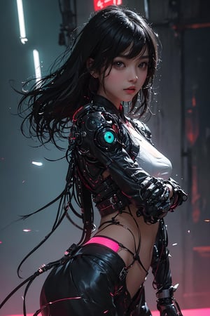 Sexy Pose , (masterpiece),(solo), 1 Japanese beauty, white long hair , high sexual attraction, in the dark night, (sexy Chinese Hanfu+body implants) ,(highly detailed background of ancient Indian achitechture with neon lights) ,Cyberpunk,Enhance,  Chinese fantasy art