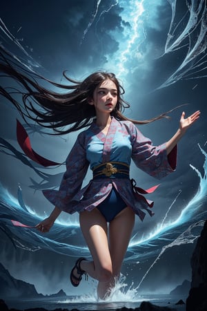 masterpiece, best quality, ultra realistic illustration, 16K, (HDR), high resolution, female_solo, (There is 1 Japanese 16 years-old sexy girl calling the thunder magic and Ice magic with her raised hands 1.0), (she is flying high above the city in a heavy storm:1.0), (ice coming down from the sky:1.0) (She dressed in a wet, highly decorated white wet silk see-through yukata), (calm facial expression) (raindrops on her face and body), (Dutch angle), (western buildings and architecture in the background in a distant) , (levitating with two legs) , (raining storming), ((perfect anatomy)), (giant:0) perfect fingers , Elementalmagic, lightningmagicAI, japanese clothes, see-through, floating in the air, Color Magic, Color saturation ,icemagicAI, firemagicAI, add more details 