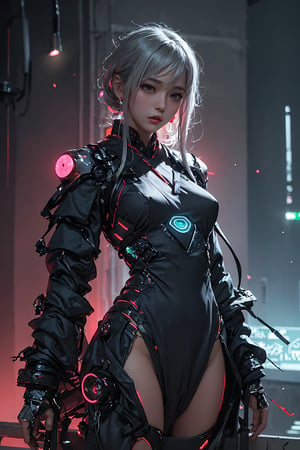 Sexy Pose , (masterpiece),(solo), 1 Japanese beauty, white hair ,  (high sexual attraction,long hair), in the dark night, (sexy Chinese Hanfu+body implants) ,(highly detailed background of ancient Indian achitechture with neon lights) ,Cyberpunk,Enhance,  Chinese fantasy art