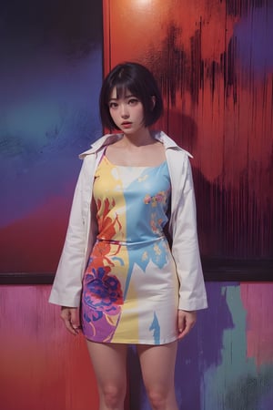 (80’s American movie poster style) , (masterpiece),(Satomi) , perfect anatomy, (modern fashion one-piece dress), dim light, muted color, ((ultra detailed background of modern psychedelic decoration in a dim lighting room)) , blue front spot light , purple side light, (short hair),Sexy,girl,perfect,Enhance,A traditional Japanese art, Satomi