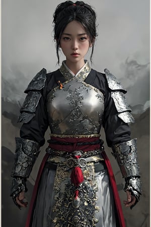 physically-based rendering, portrait, ultra-fine painting, extreme detail description, Akira Kurosawa's movie-style poster features a full-body shot of a 28-year-old girl, embodying the samurai spirit of Japan's Warring States Period, An enigmatic female samurai warrior, clad in ornate armor , This striking depiction, seemingly bursting with unspoken power, illustrates a fierce and formidable female warrior in the midst of battle. The image, likely a detailed painting, showcases the intensity of the female samurai's gaze and the intricate craftsmanship of his armor. Each intricately depicted detail mesmerizes the viewer, immersing them in the extraordinary skill and artistry captured in this remarkable 