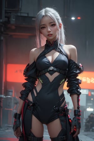 Sexy Pose , (masterpiece),(solo), 1 Japanese beauty, white hair ,  (high sexual attraction,long hair), in the dark night, (sexy Chinese Hanfu+body implants) ,(highly detailed background of ancient Indian achitechture with neon lights) ,Cyberpunk,Enhance, Traditional Chinese Sexy Outfits