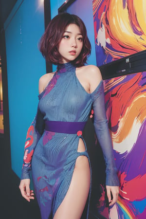 90’s Japanese film poster style, (masterpiece),(Satomi) , perfect anatomy, (modern fashion one-piece dress), dim light, muted color, ((ultra detailed background of modern psychedelic decoration in a dim lighting room)) , blue front spot light , purple side light, (short hair),Sexy,girl,perfect,Enhance, FUJI, Satomi