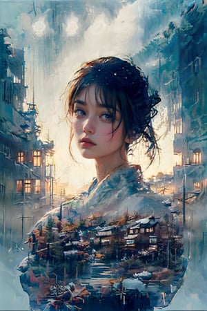 (1 beautiful Japanese girl Satomi standing in the middle:1.0), (autumn, snowing), (water color style, double exposure, grey scale, long exposure) dim light, muted color,Impressionism, Dutch angle, (ultra detailed background of a ancient Japanese buildings on Pluto), harmonious composition, epic art work, extremely long shot, view, landscape, double exposure ,Satomi