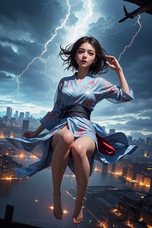 masterpiece, best quality, ultra realistic illustration, 16K, (HDR), high resolution, female_solo, (There is 1 Japanese 16 years-old sexy calling the thunder with her raised hands :1.0), (she is flying high above the city in a heavy storm:1.0)  (She dressed in a wet, highly decorated white wet silk see-through yukata), (calm facial expression) (raindrops on her face and body), (Dutch angle), (western buildings and architecture in the background in a distant) , (levitating with two legs) , (raining storming), ((perfect anatomy)), perfect fingers , Elementalmagic, lightningmagicAI,  japanese clothes, see-through, floating in the air, Color Magic, Color saturation 