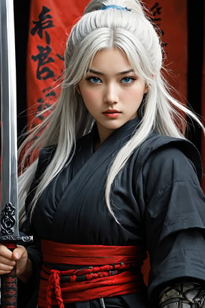 An adorable sexy portrait, ultra-fine painting, extreme detail description, Akira Kurosawa's movie-style poster features a full-body shot of a 16-year-old girl with blue eyes and white hair, embodying the Shinobi of Japan's Warring States Period, An enigmatic female kunoichi, clad in revealing dark ninja costume , This striking depiction, seemingly bursting with unspoken power, illustrates a fierce and formidable female warrior in the midst of battlefield . The image, likely a detailed painting, showcases the intensity of the female ninja's gaze and the intricate craftsmanship of his armor. Each intricately depicted detail mesmerizes the viewer, immersing them in the extraordinary skill and artistry captured in this remarkable 