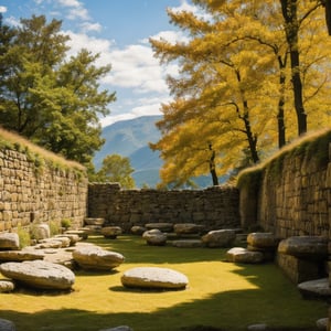 Prehistoric Art, In an ancient painting scene illuminated by sunlight filtering through ancient leaves, priests depict mysterious symbols and deities on the stone walls using sorcery. The paintings incorporate natural elements like wind, water, and fire.