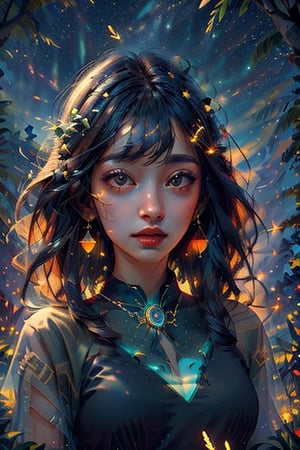 Prehistoric Art, Masterpiece, Best Quality, Super Detailed, Illustration, 1 Priestess, Regular Features, Exquisite Beauty, Hot Body, Fire, Runes, Oracle, Jungle, Prehistoric Beasts, Starry Sky, Medium Shot, Foreground, Lake , woods, fireflies