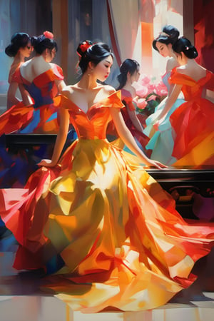 a painting of a group of women in dresses, a fine art painting, by Yanjun Cheng, tumblr, palace dance, andreas rocha style, exquisite and beautiful, oil painting without frame