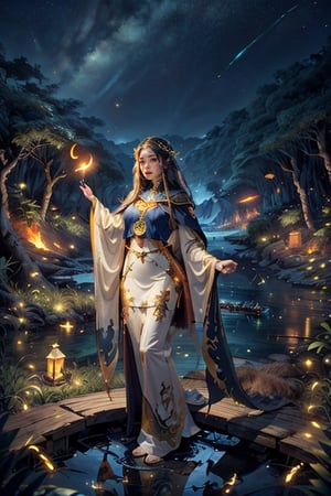 Prehistoric Art, Masterpiece, Best Quality, Super Detailed, Illustration, 1 Priestess, Regular Features, Exquisite Beauty, Hot Body, Fire, Runes, Oracle, Jungle, Prehistoric Beasts, Starry Sky, Medium Shot, Foreground, Lake , woods, fireflies